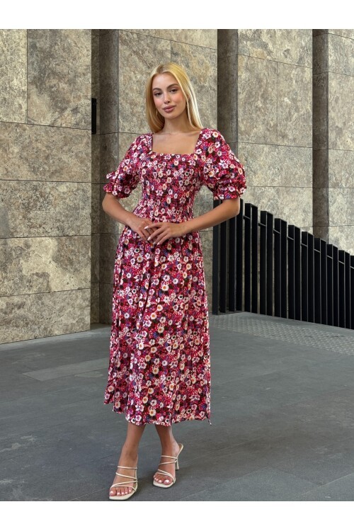 V095 Kadın Kare Yaka Gipeli Desenli Viskon Elbise