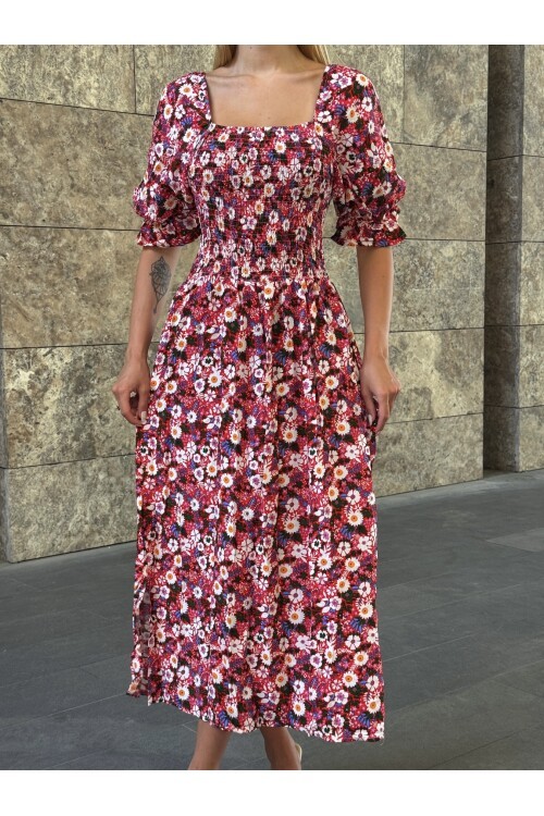 V095 Kadın Kare Yaka Gipeli Desenli Viskon Elbise