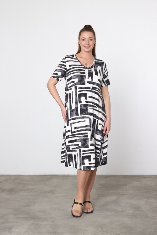 V20 Otantik Desenli V Yaka Kısa Kol Pamuk Penye Elbise