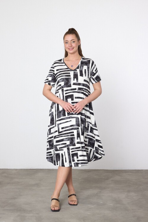 V20 Otantik Desenli V Yaka Kısa Kol Pamuk Penye Elbise