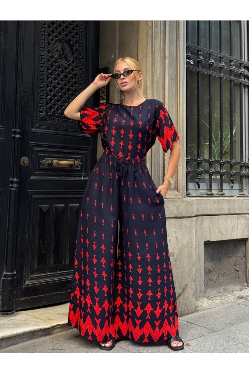 V201 Lacivert Kırmızı Balık Desenli Kısa Kol Bluz Pantolon Takım