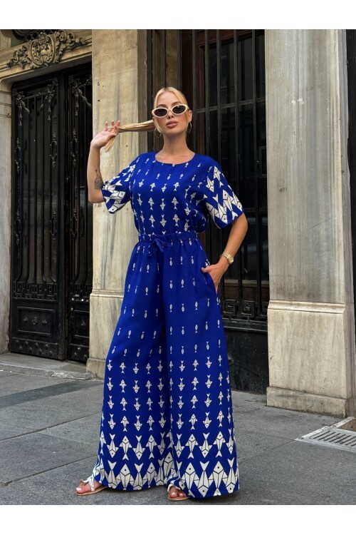 V201 Saks Mavi Balık Desenli Kısa Kol Bluz Pantolon Takım