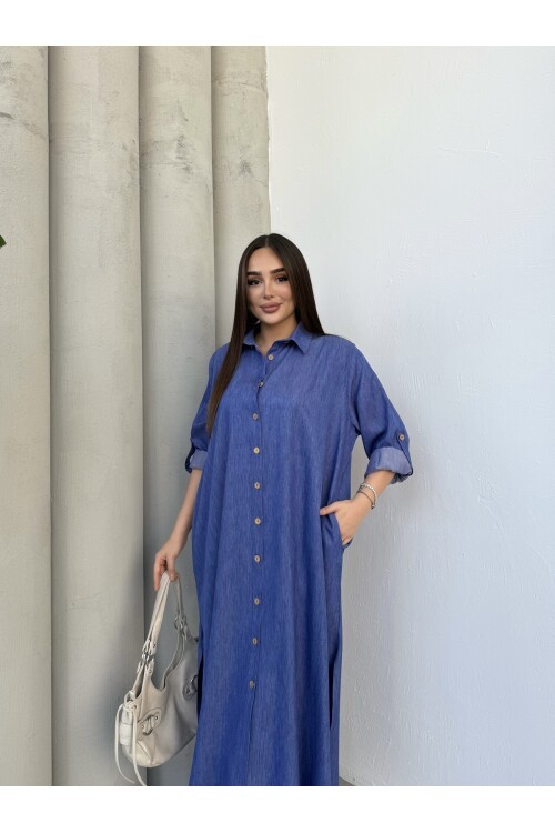 V202 Koyu Denim Düğme Kapamalı Gömlek Pantolon Takım