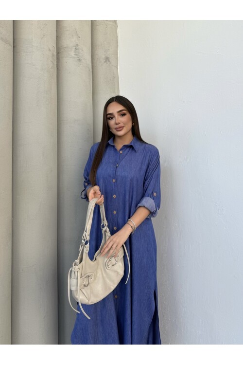 V202 Koyu Denim Düğme Kapamalı Gömlek Pantolon Takım