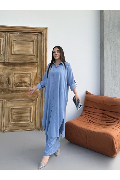 V202 Açık Denim Düğme Kapamalı Gömlek Pantolon Takım
