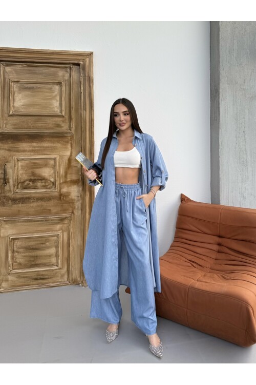 V202 Açık Denim Düğme Kapamalı Gömlek Pantolon Takım