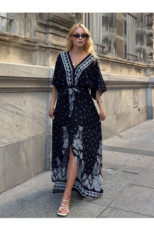 V208 Kadın V Yaka Gipeli Kemerli Desenli Viskon Elbise