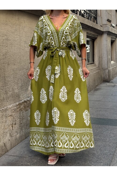 V208 Kadın V Yaka Gipeli Kemerli Desenli Viskon Elbise