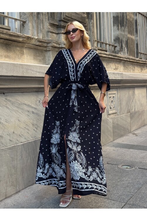 V208 Kadın V Yaka Gipeli Kemerli Desenli Viskon Elbise