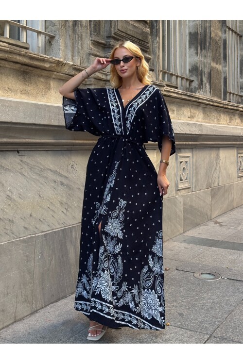 V208 Kadın V Yaka Gipeli Kemerli Desenli Viskon Elbise