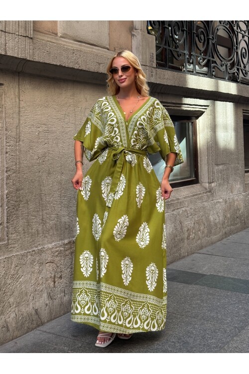 V208 Kadın V Yaka Gipeli Kemerli Desenli Viskon Elbise