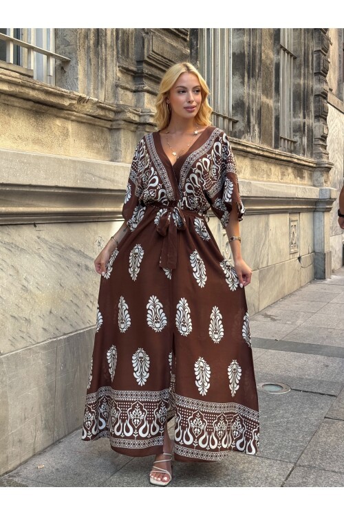 V208 Kadın V Yaka Gipeli Kemerli Desenli Viskon Elbise