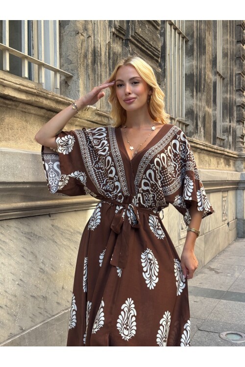 V208 Kadın V Yaka Gipeli Kemerli Desenli Viskon Elbise