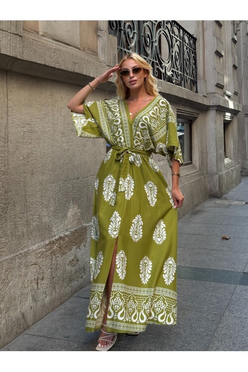 V208 Kadın V Yaka Gipeli Kemerli Desenli Viskon Elbise