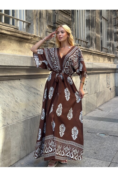 V208 Kadın V Yaka Gipeli Kemerli Desenli Viskon Elbise