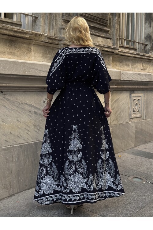 V208 Kadın V Yaka Gipeli Kemerli Desenli Viskon Elbise