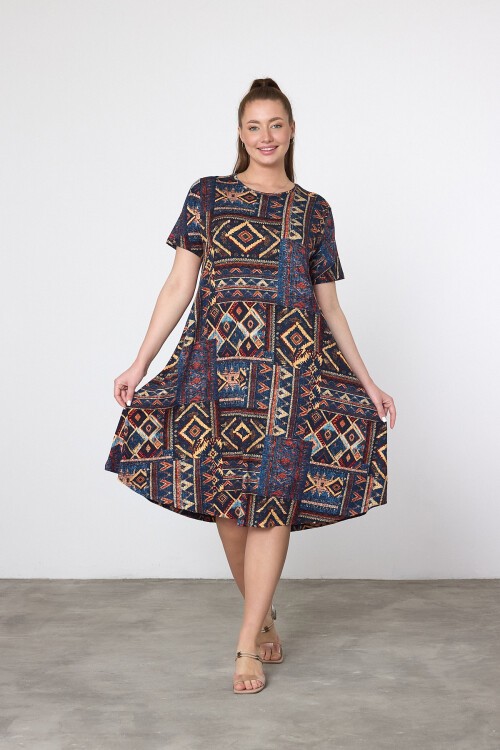 V21 Çiçek Desenli Oval Yaka Kısa Kol Pamuk Penye Elbise