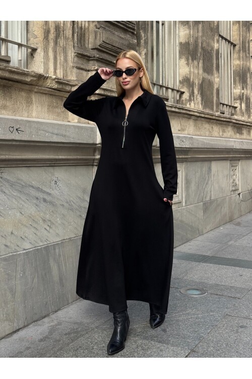 V235 Siyah Fermuarlı Uzun Kol Elbise