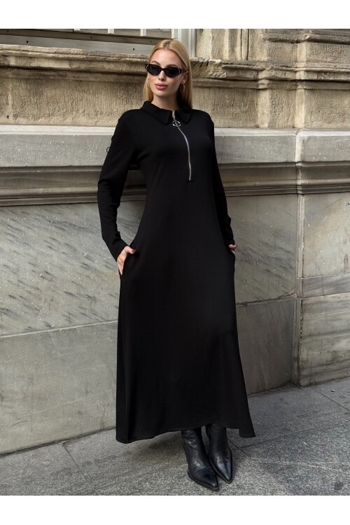 V235 Siyah Fermuarlı Uzun Kol Elbise