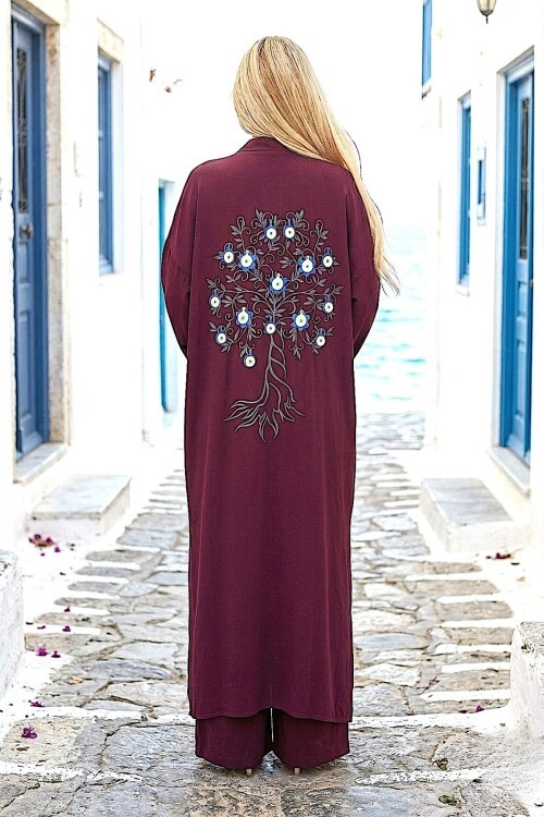 V256 Bordo Arkası Desenli Kimono Takım