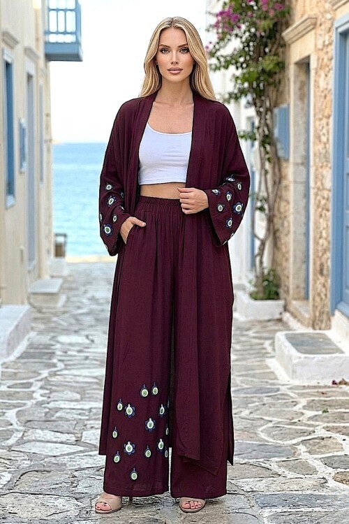 V256 Bordo Arkası Desenli Kimono Takım