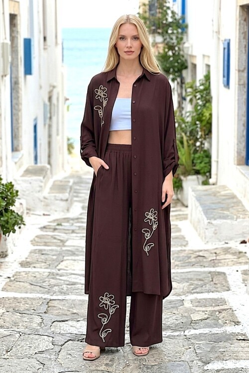 V276 Kahve Alt-Üst Çiçek Nakışlı Takım