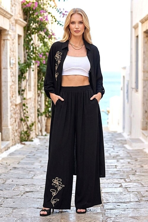 V276 Siyah Alt-Üst Çiçek Nakışlı Takım