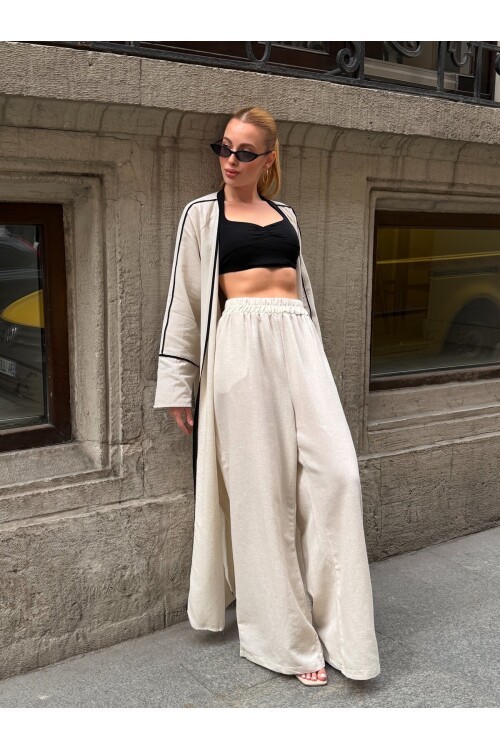 V282 Kimono Siyah Çizgi Detaylı Keten Takım