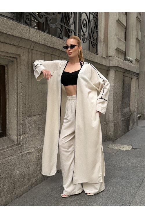 V282 Kimono Siyah Çizgi Detaylı Keten Takım