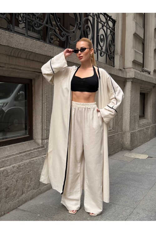 V282 Kimono Siyah Çizgi Detaylı Keten Takım