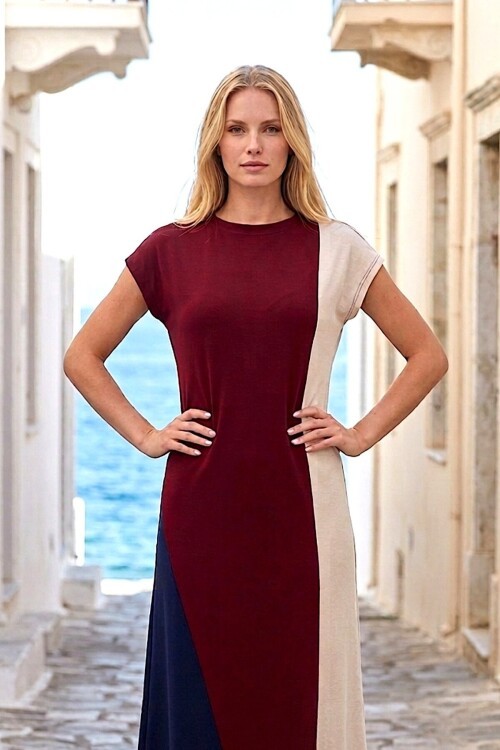 V288 Bordo Şeritli Oysho Elbise