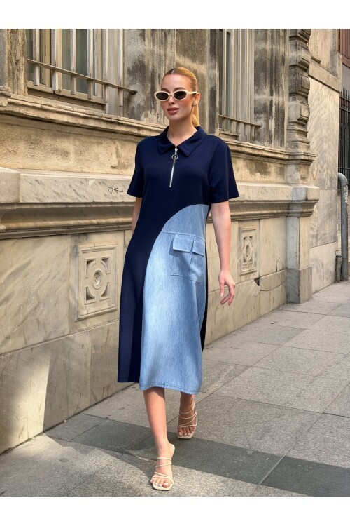 V291 Laci Fermuarlı Yarı Oysho Yarı Tensel Elbise