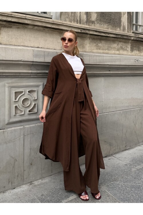 V413 Kahve Bağlamalı Kimono Keten Takım