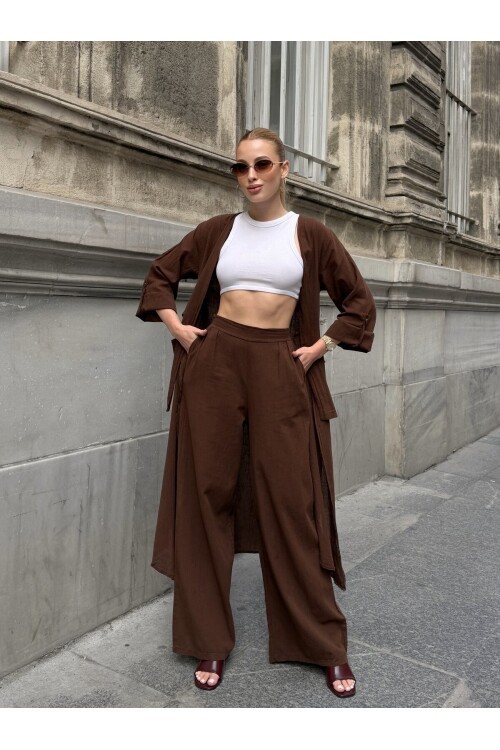 V413 Kahve Bağlamalı Kimono Keten Takım