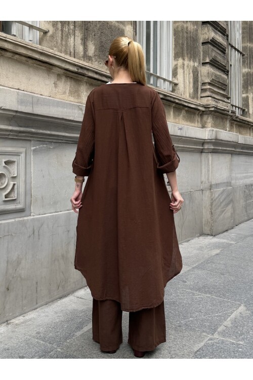 V413 Kahve Bağlamalı Kimono Keten Takım