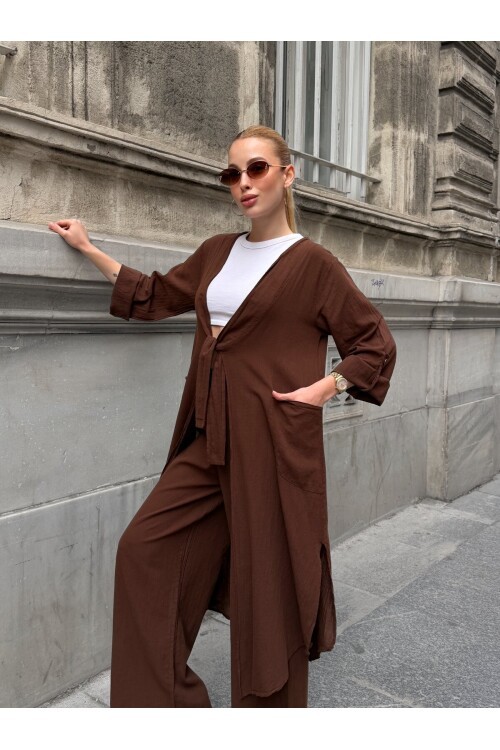 V413 Kahve Bağlamalı Kimono Keten Takım