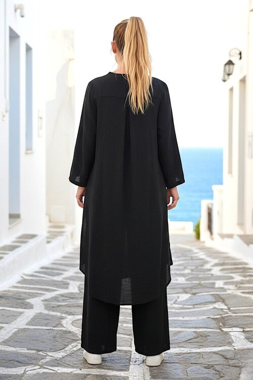 V413 Siyah Bağlamalı Kimono Keten Takım