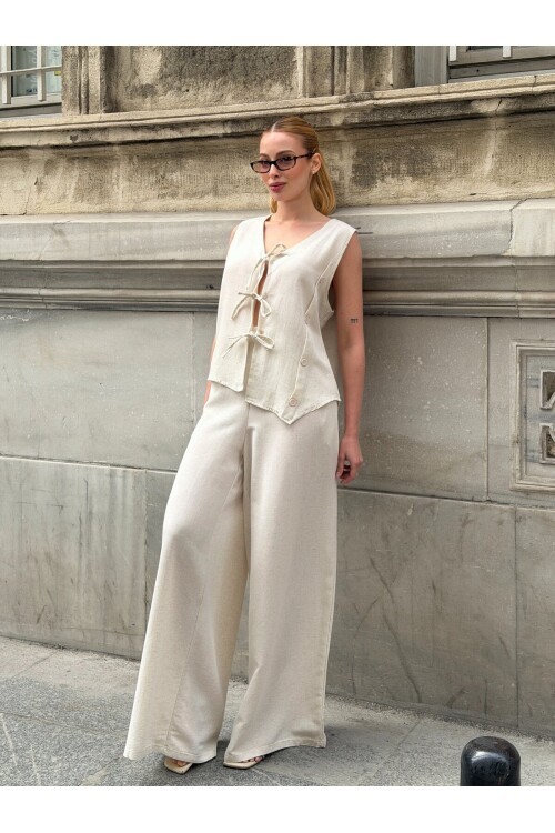 V415 Askılı İp Bağlamalı Yanı Düğme Detaylı Keten Takım