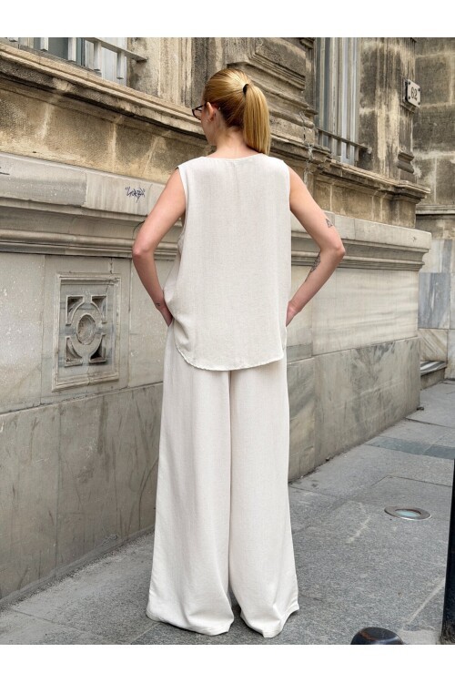 V415 Askılı İp Bağlamalı Yanı Düğme Detaylı Keten Takım