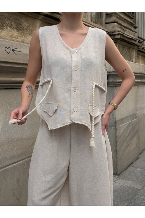 V416 Askılı Yanları Halat Detaylı Gömlek Keten Takım