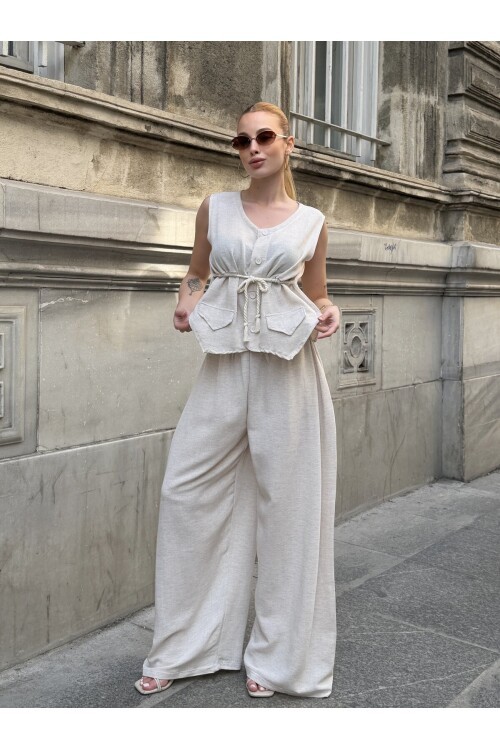 V416 Askılı Yanları Halat Detaylı Gömlek Keten Takım