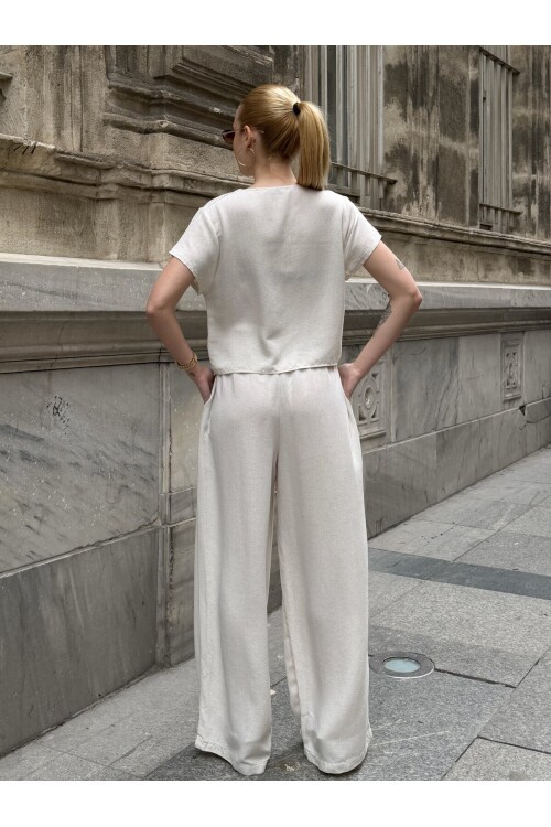 V419 Yarım Kol Boncuk Düğmeli Keten Takım