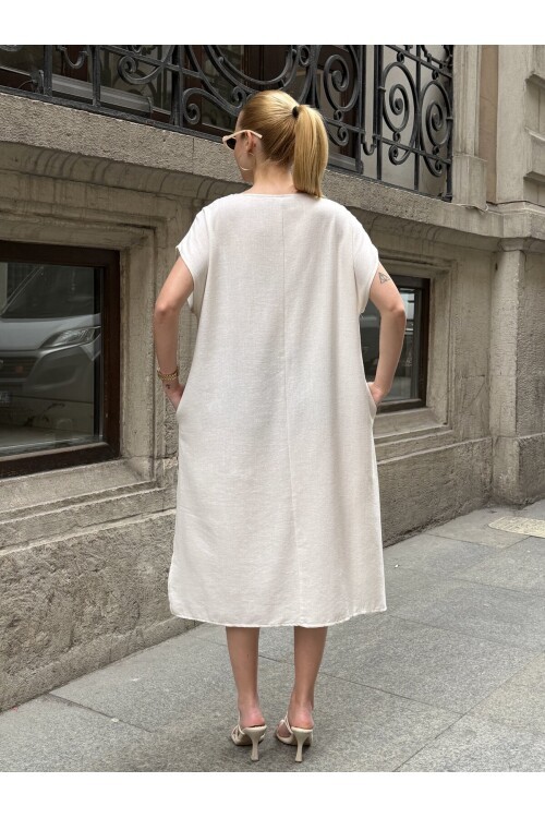 V422 Dantel Detaylı Ay Kol Keten Elbise