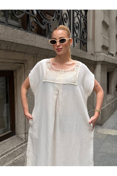 V422 Dantel Detaylı Ay Kol Keten Elbise