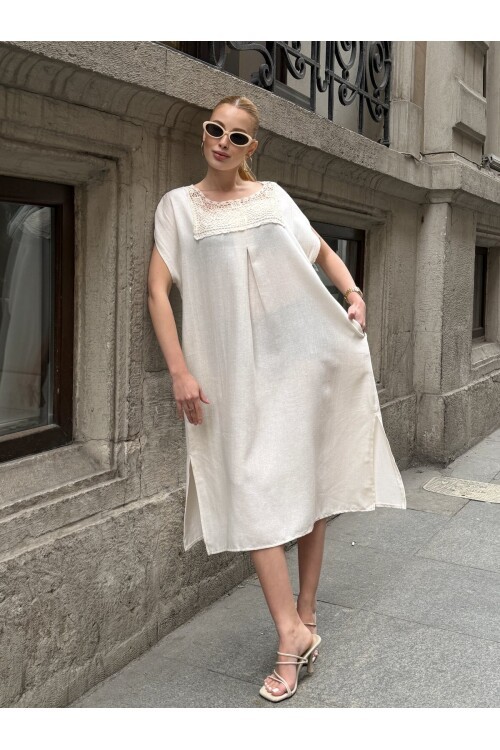 V422 Dantel Detaylı Ay Kol Keten Elbise