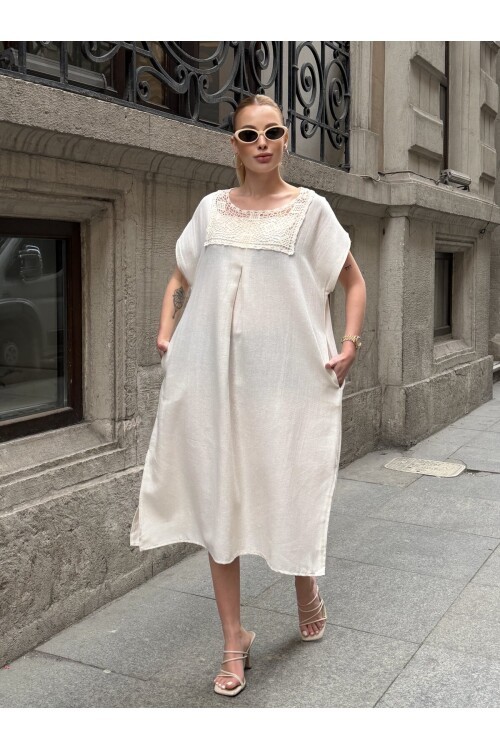 V422 Dantel Detaylı Ay Kol Keten Elbise