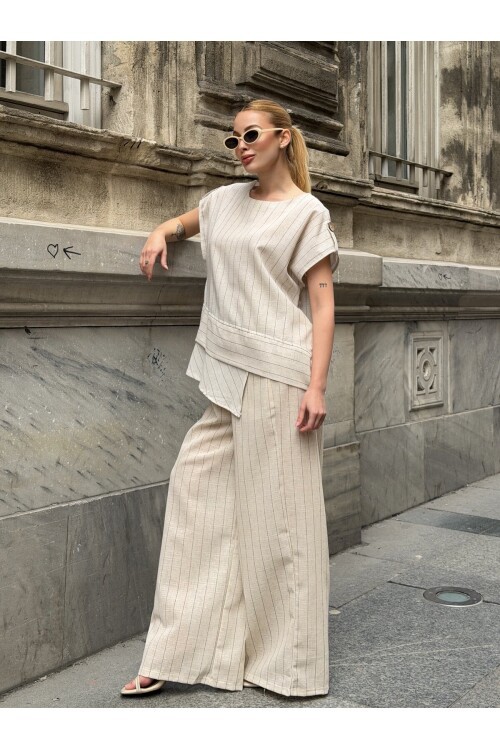 V426 Siyah Çizgili Keten Takım