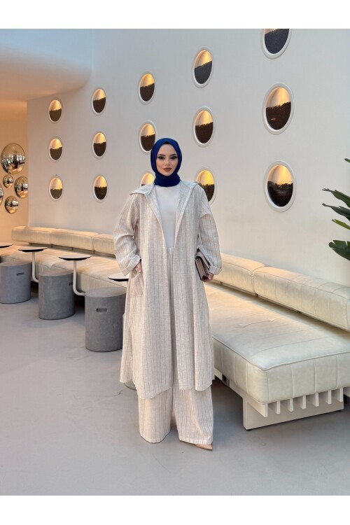 V428 Laci Çizgili Kapuşonlu Keten Takım