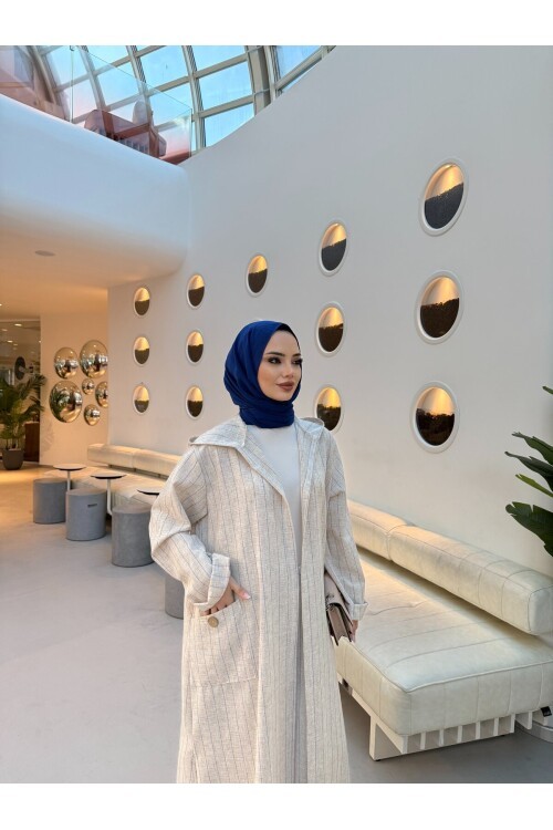 V428 Laci Çizgili Kapuşonlu Keten Takım