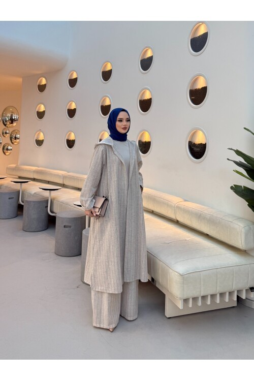 V428 Laci Çizgili Kapuşonlu Keten Takım